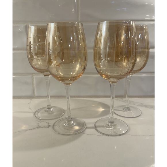 Mikasa Set Of 4 Cheers Orange Stemmed Crystal Wine Glasses Etched Patterns - Picture 1 of 15